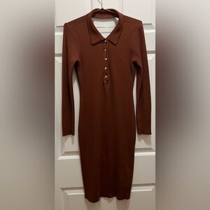 Chestnut Brown Long-Sleeve Ribbed Polo Midi Dress with Open Cut-out Back | 1X